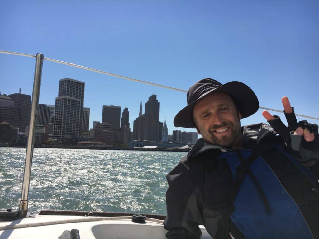 Matt giving the peace sign in the San Fransisco Bay