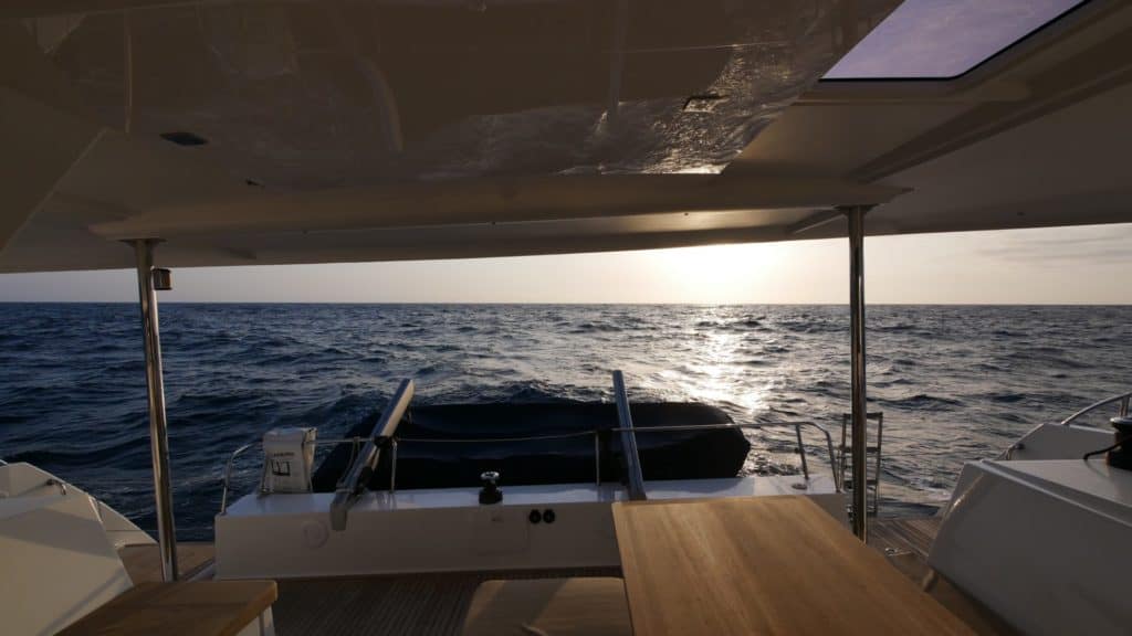 View out the cockpit of a Fountaine Pajot Helia 44